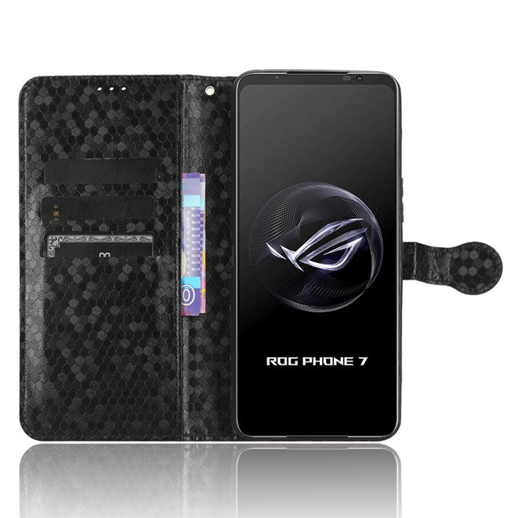 For Asus ROG Phone 7 5G Mobile Phone Wallet Case PU Leather Stand Dot Pattern Imprinted Phone Cover - Black