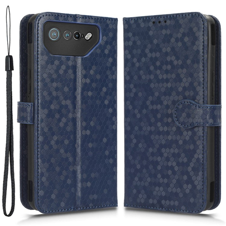 For Asus ROG Phone 7 5G Mobile Phone Wallet Case PU Leather Stand Dot Pattern Imprinted Phone Cover - Dark Blue