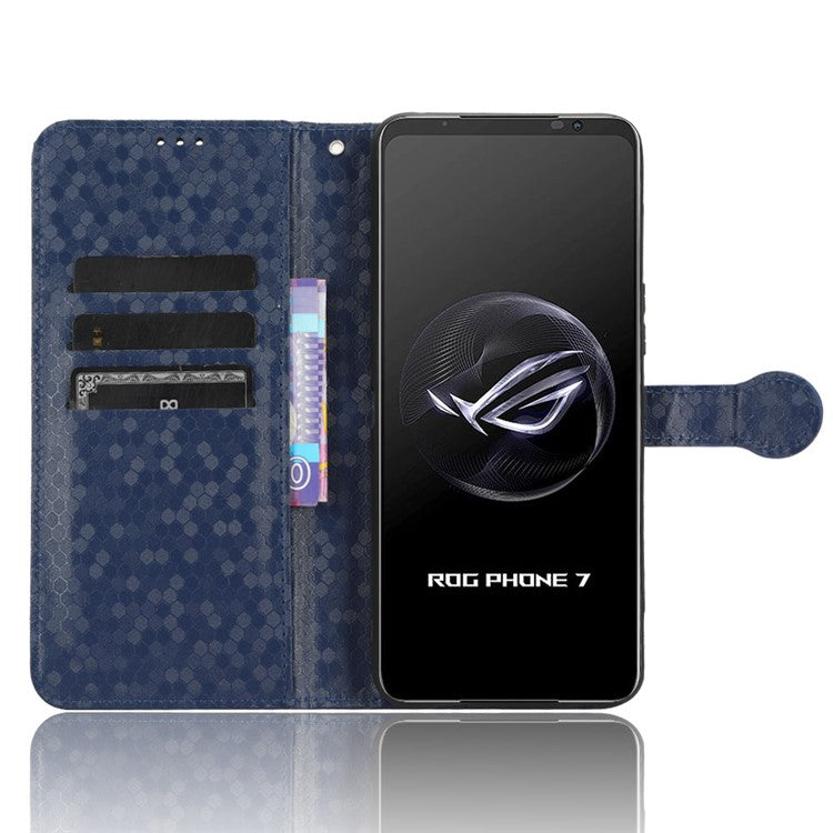 For Asus ROG Phone 7 5G Mobile Phone Wallet Case PU Leather Stand Dot Pattern Imprinted Phone Cover - Dark Blue