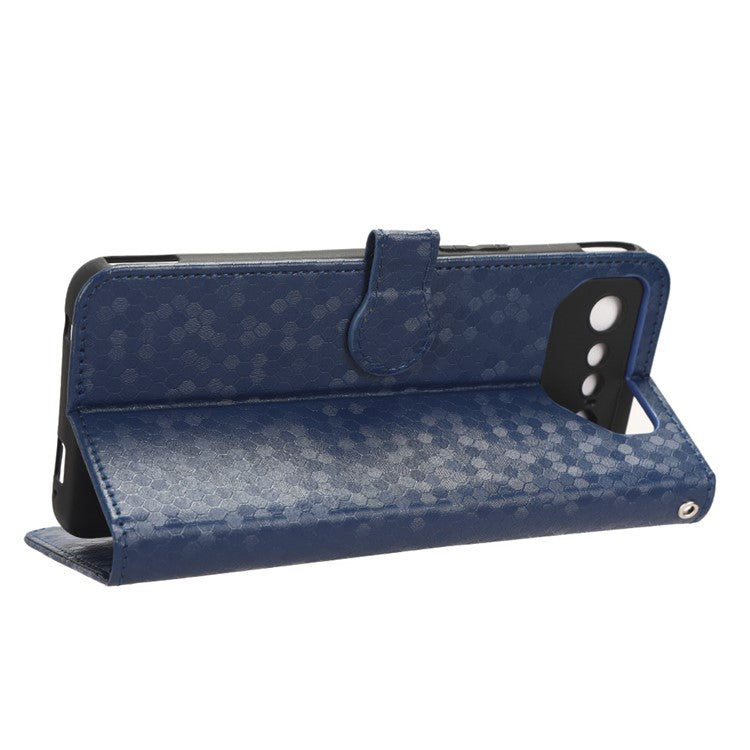 For Asus ROG Phone 7 5G Mobile Phone Wallet Case PU Leather Stand Dot Pattern Imprinted Phone Cover - Dark Blue