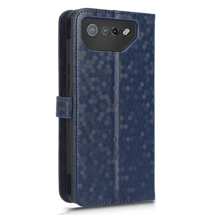 For Asus ROG Phone 7 5G Mobile Phone Wallet Case PU Leather Stand Dot Pattern Imprinted Phone Cover - Dark Blue