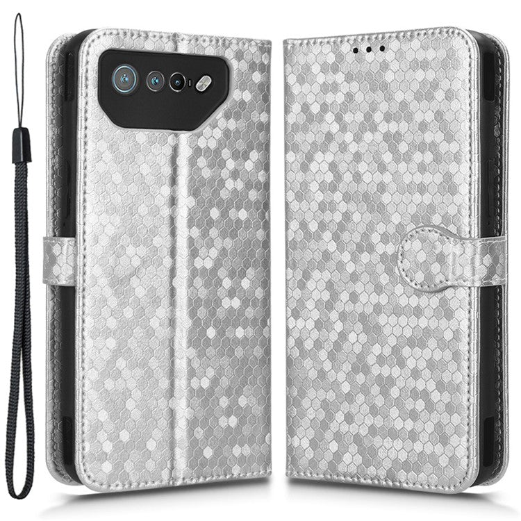 For Asus ROG Phone 7 5G Mobile Phone Wallet Case PU Leather Stand Dot Pattern Imprinted Phone Cover - Silver