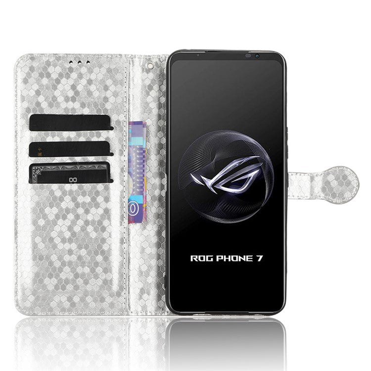 For Asus ROG Phone 7 5G Mobile Phone Wallet Case PU Leather Stand Dot Pattern Imprinted Phone Cover - Silver