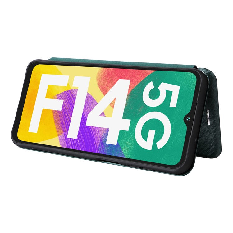 Phone Case for Samsung Galaxy F14 5G PU Leather Carbon Fiber Texture Stand Cover with Card Slot - Green