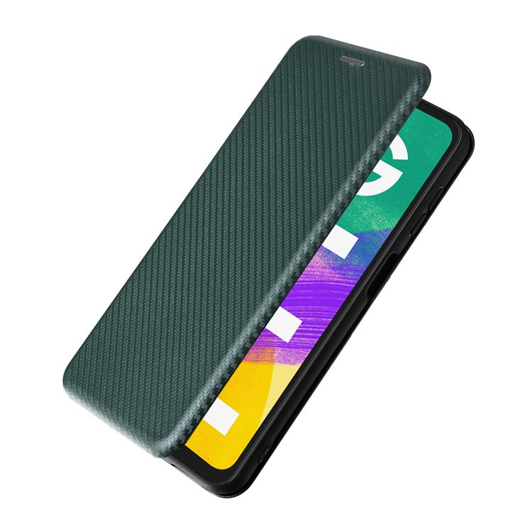 Phone Case for Samsung Galaxy F14 5G PU Leather Carbon Fiber Texture Stand Cover with Card Slot - Green