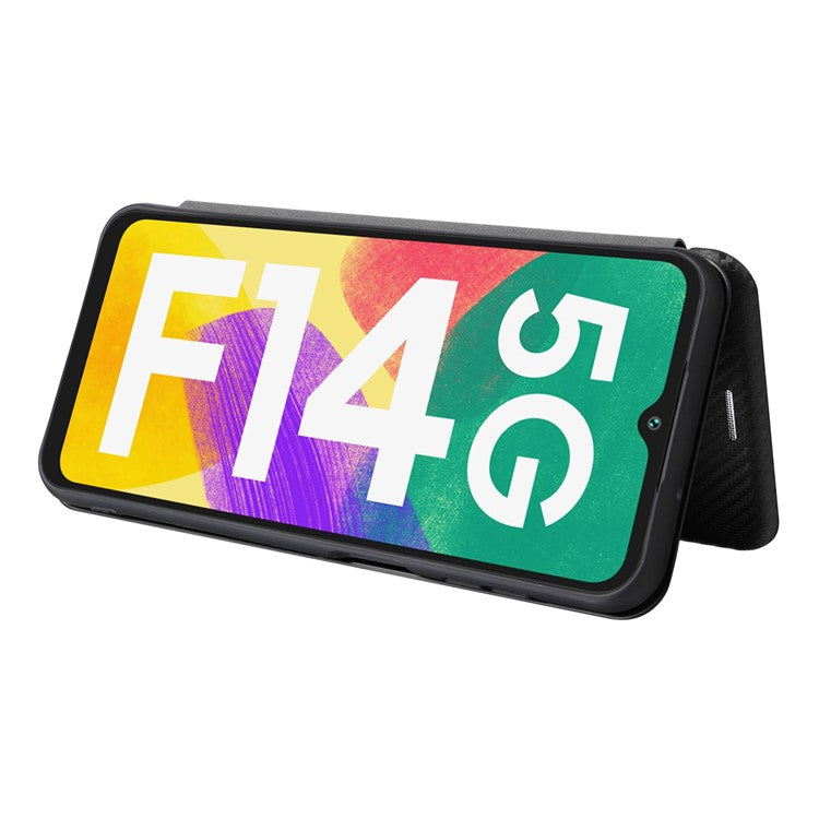 Phone Case for Samsung Galaxy F14 5G PU Leather Carbon Fiber Texture Stand Cover with Card Slot - Black