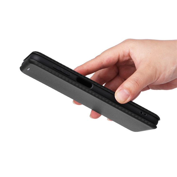 Phone Case for Samsung Galaxy F14 5G PU Leather Carbon Fiber Texture Stand Cover with Card Slot - Black