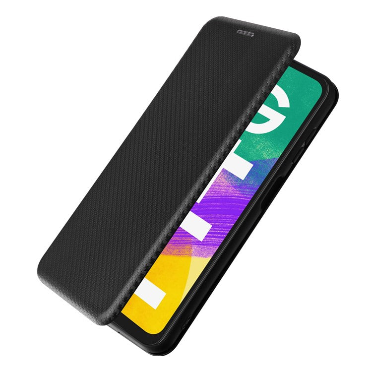 Phone Case for Samsung Galaxy F14 5G PU Leather Carbon Fiber Texture Stand Cover with Card Slot - Black