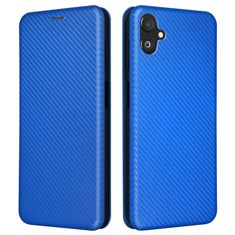 Phone Case for Samsung Galaxy F14 5G PU Leather Carbon Fiber Texture Stand Cover with Card Slot - Blue