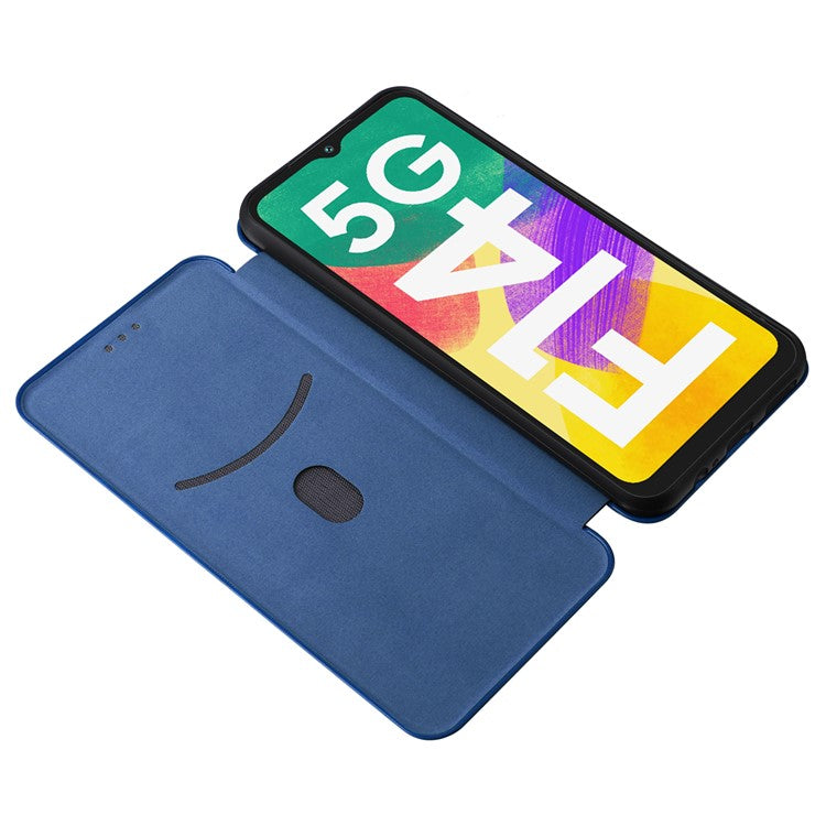 Phone Case for Samsung Galaxy F14 5G PU Leather Carbon Fiber Texture Stand Cover with Card Slot - Blue