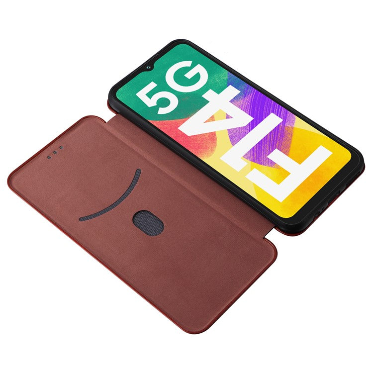 Phone Case for Samsung Galaxy F14 5G PU Leather Carbon Fiber Texture Stand Cover with Card Slot - Brown