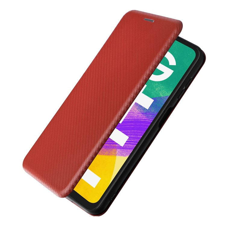 Phone Case for Samsung Galaxy F14 5G PU Leather Carbon Fiber Texture Stand Cover with Card Slot - Brown