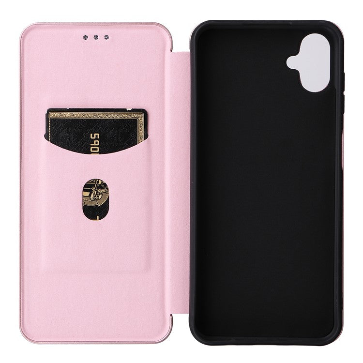 Phone Case for Samsung Galaxy F14 5G PU Leather Carbon Fiber Texture Stand Cover with Card Slot - Rose Gold
