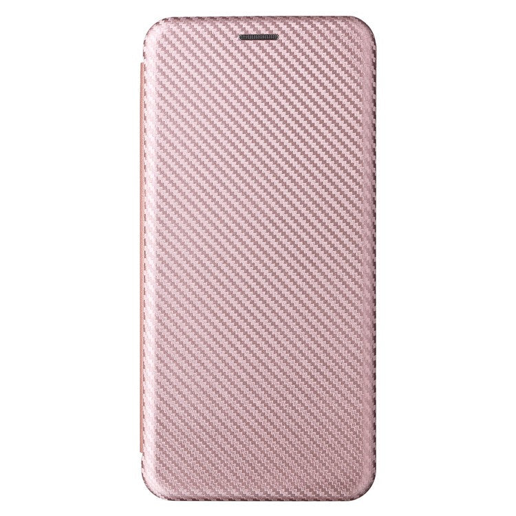Phone Case for Samsung Galaxy F14 5G PU Leather Carbon Fiber Texture Stand Cover with Card Slot - Rose Gold