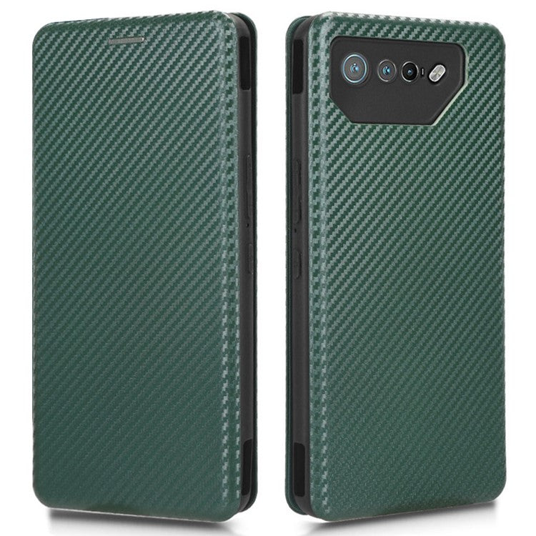 Stand Cover for Asus ROG Phone 7 5G / 7 Ultimate 5G Carbon Fiber Texture Card Slot PU Leather Phone Case - Green