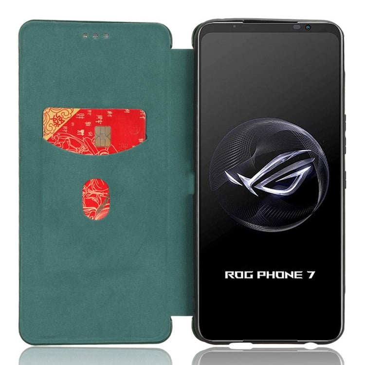 Stand Cover for Asus ROG Phone 7 5G / 7 Ultimate 5G Carbon Fiber Texture Card Slot PU Leather Phone Case - Green