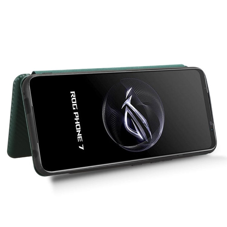 Stand Cover for Asus ROG Phone 7 5G / 7 Ultimate 5G Carbon Fiber Texture Card Slot PU Leather Phone Case - Green