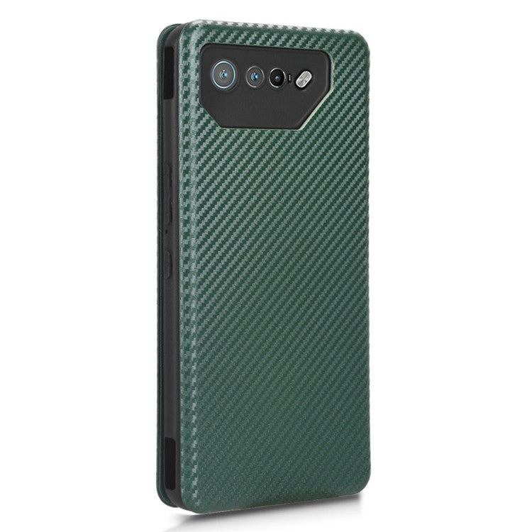 Stand Cover for Asus ROG Phone 7 5G / 7 Ultimate 5G Carbon Fiber Texture Card Slot PU Leather Phone Case - Green