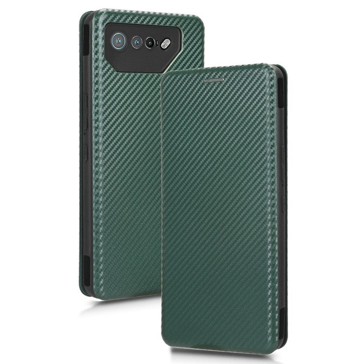 Stand Cover for Asus ROG Phone 7 5G / 7 Ultimate 5G Carbon Fiber Texture Card Slot PU Leather Phone Case - Green