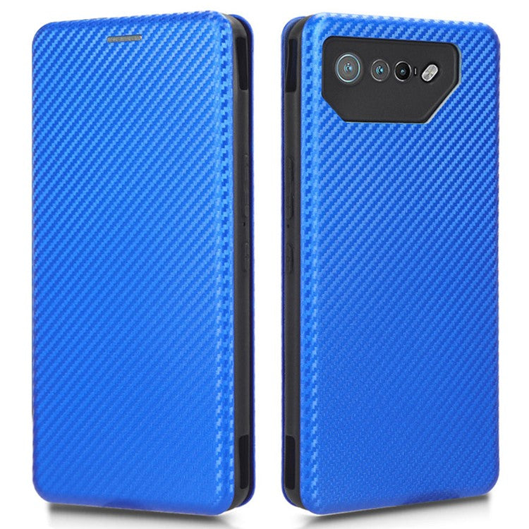 Stand Cover for Asus ROG Phone 7 5G / 7 Ultimate 5G Carbon Fiber Texture Card Slot PU Leather Phone Case - Blue