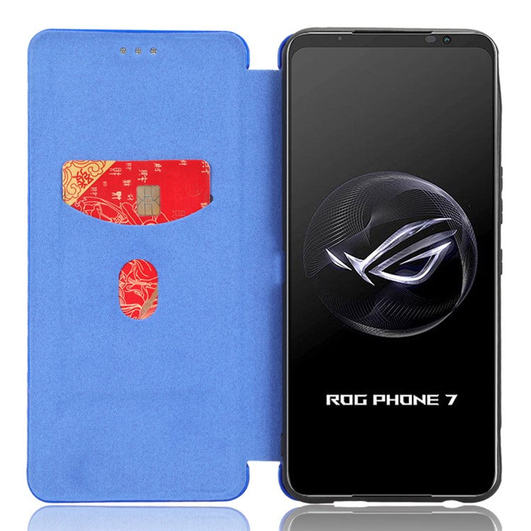 Stand Cover for Asus ROG Phone 7 5G / 7 Ultimate 5G Carbon Fiber Texture Card Slot PU Leather Phone Case - Blue