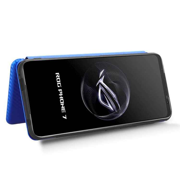 Stand Cover for Asus ROG Phone 7 5G / 7 Ultimate 5G Carbon Fiber Texture Card Slot PU Leather Phone Case - Blue
