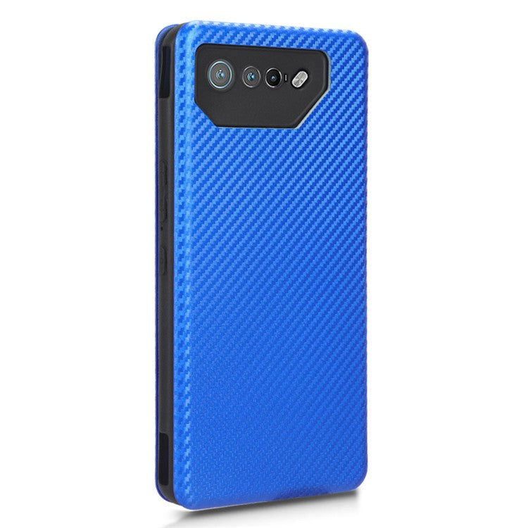 Stand Cover for Asus ROG Phone 7 5G / 7 Ultimate 5G Carbon Fiber Texture Card Slot PU Leather Phone Case - Blue