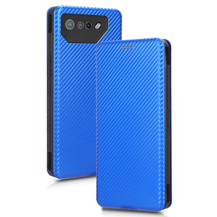 Stand Cover for Asus ROG Phone 7 5G / 7 Ultimate 5G Carbon Fiber Texture Card Slot PU Leather Phone Case - Blue