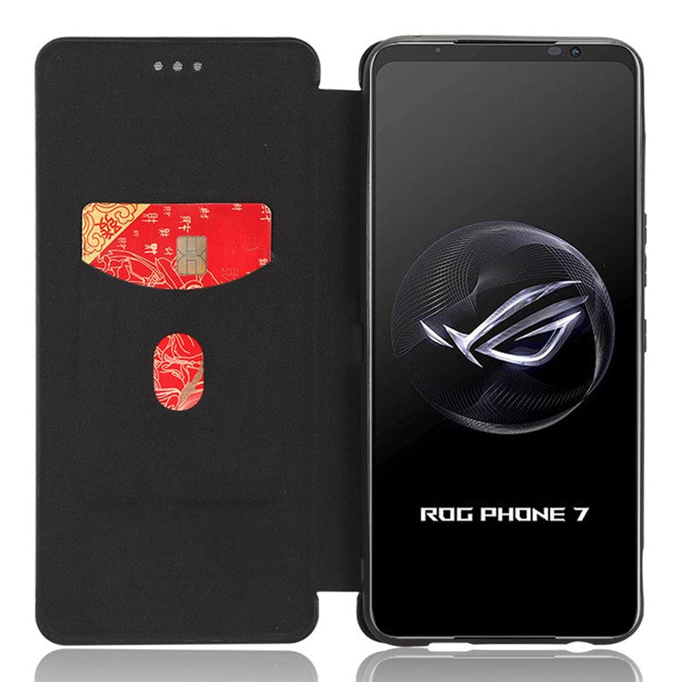 Stand Cover for Asus ROG Phone 7 5G / 7 Ultimate 5G Carbon Fiber Texture Card Slot PU Leather Phone Case - Black