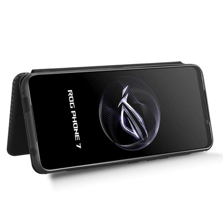Stand Cover for Asus ROG Phone 7 5G / 7 Ultimate 5G Carbon Fiber Texture Card Slot PU Leather Phone Case - Black
