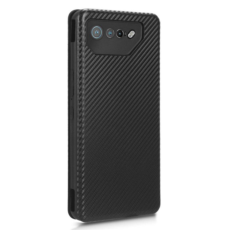 Stand Cover for Asus ROG Phone 7 5G / 7 Ultimate 5G Carbon Fiber Texture Card Slot PU Leather Phone Case - Black