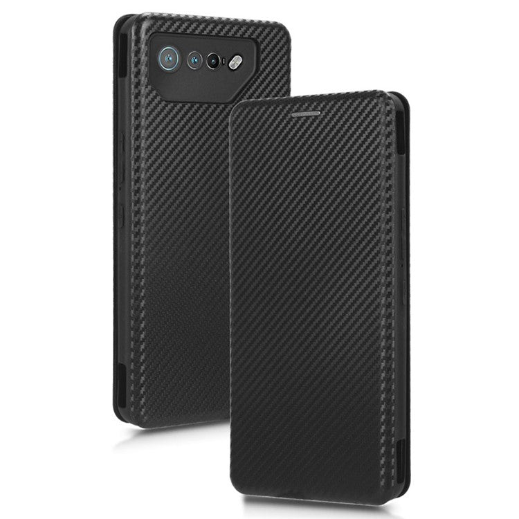Stand Cover for Asus ROG Phone 7 5G / 7 Ultimate 5G Carbon Fiber Texture Card Slot PU Leather Phone Case - Black