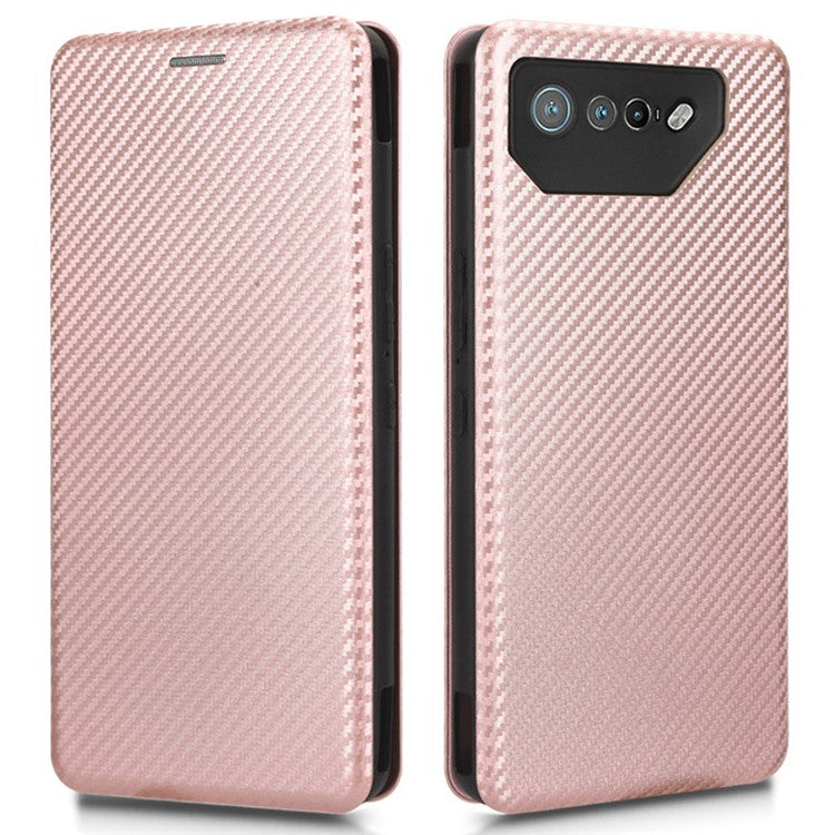 Stand Cover for Asus ROG Phone 7 5G / 7 Ultimate 5G Carbon Fiber Texture Card Slot PU Leather Phone Case - Rose Gold
