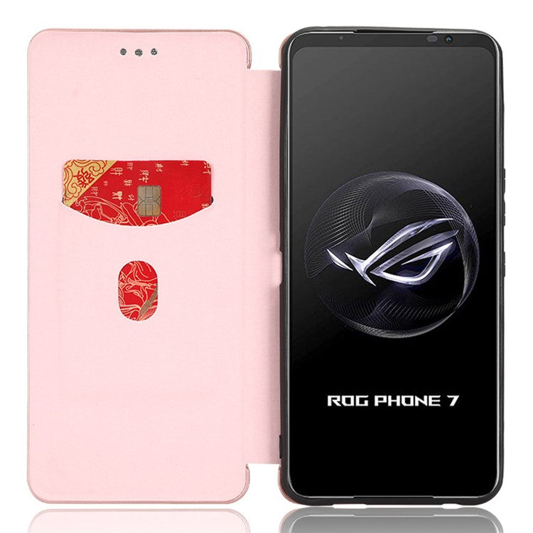 Stand Cover for Asus ROG Phone 7 5G / 7 Ultimate 5G Carbon Fiber Texture Card Slot PU Leather Phone Case - Rose Gold
