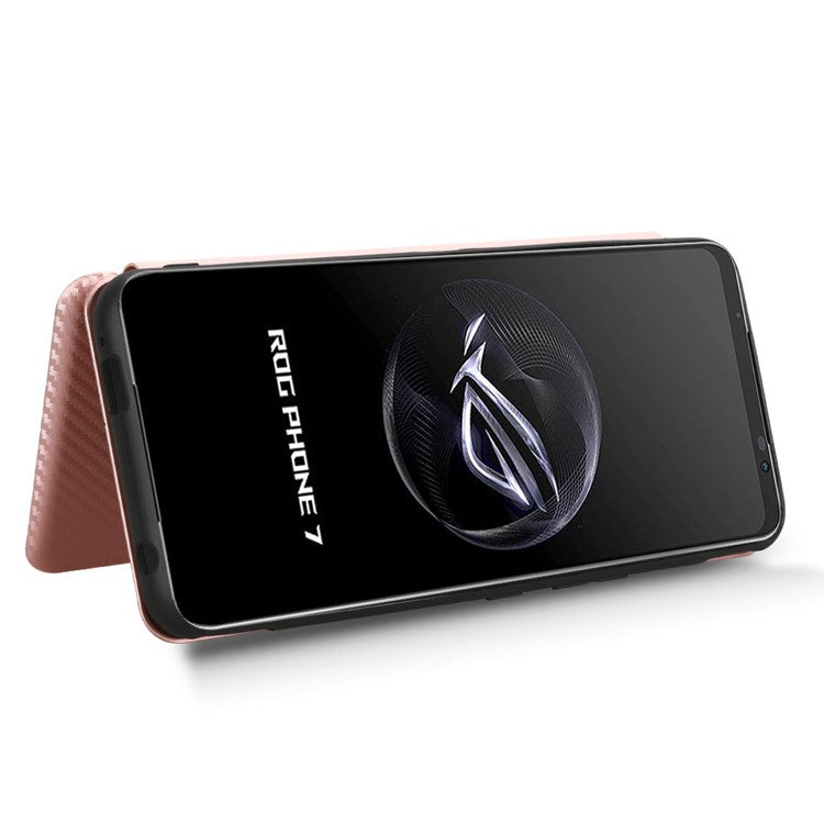 Stand Cover for Asus ROG Phone 7 5G / 7 Ultimate 5G Carbon Fiber Texture Card Slot PU Leather Phone Case - Rose Gold