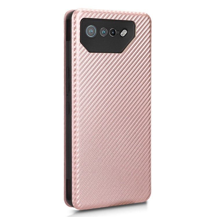 Stand Cover for Asus ROG Phone 7 5G / 7 Ultimate 5G Carbon Fiber Texture Card Slot PU Leather Phone Case - Rose Gold