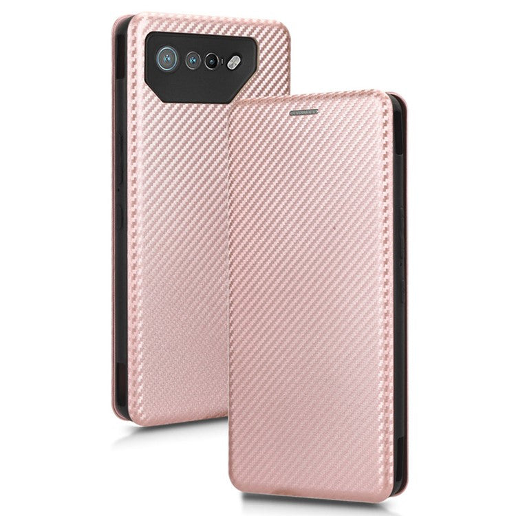 Stand Cover for Asus ROG Phone 7 5G / 7 Ultimate 5G Carbon Fiber Texture Card Slot PU Leather Phone Case - Rose Gold
