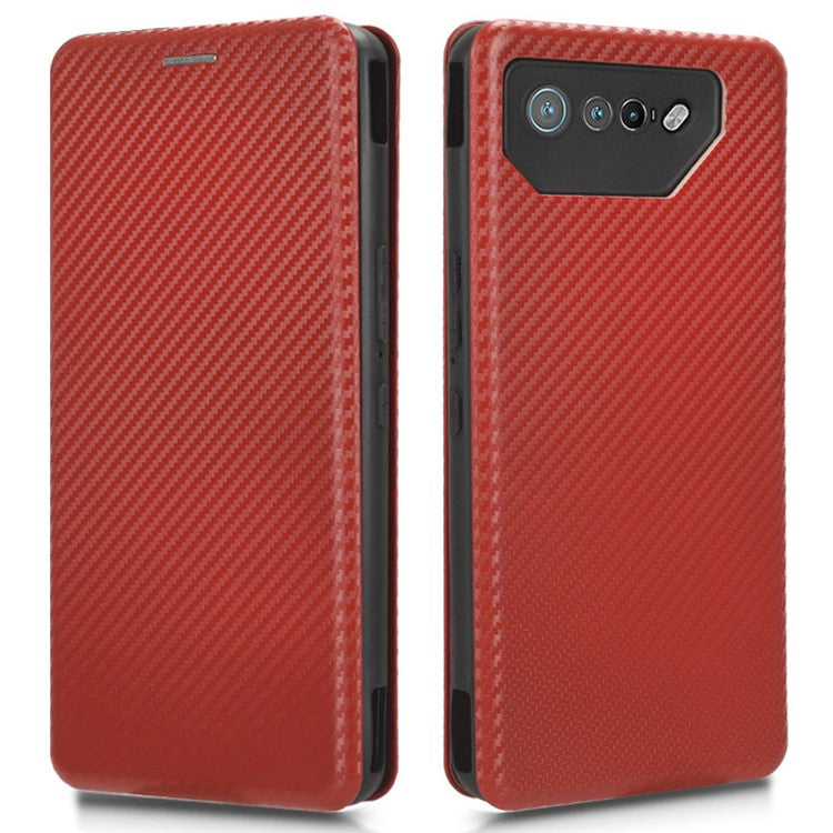 Stand Cover for Asus ROG Phone 7 5G / 7 Ultimate 5G Carbon Fiber Texture Card Slot PU Leather Phone Case - Brown