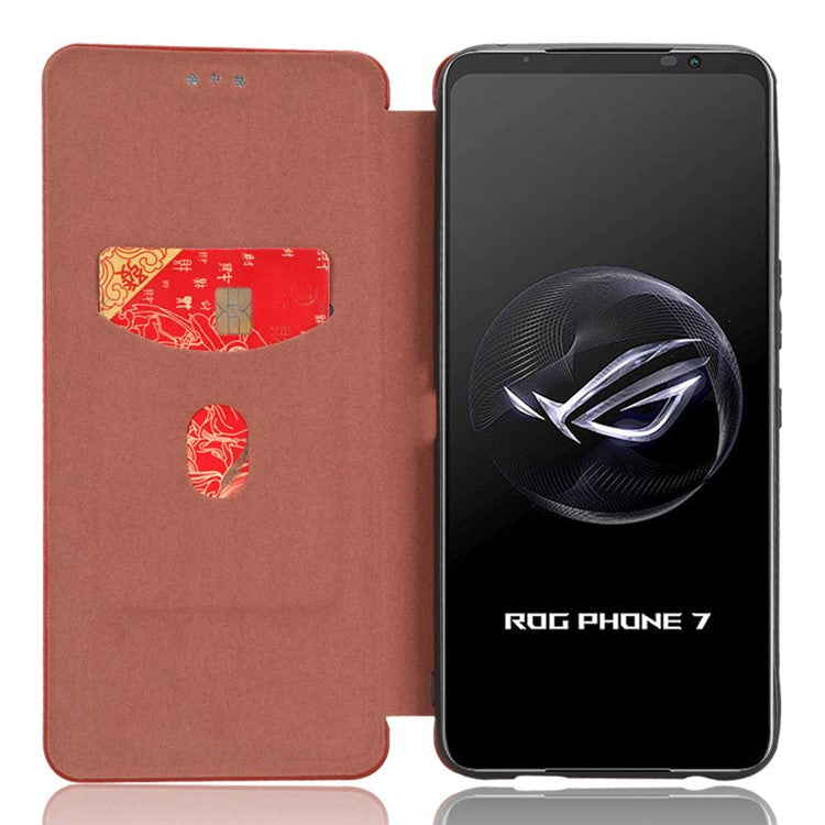 Stand Cover for Asus ROG Phone 7 5G / 7 Ultimate 5G Carbon Fiber Texture Card Slot PU Leather Phone Case - Brown