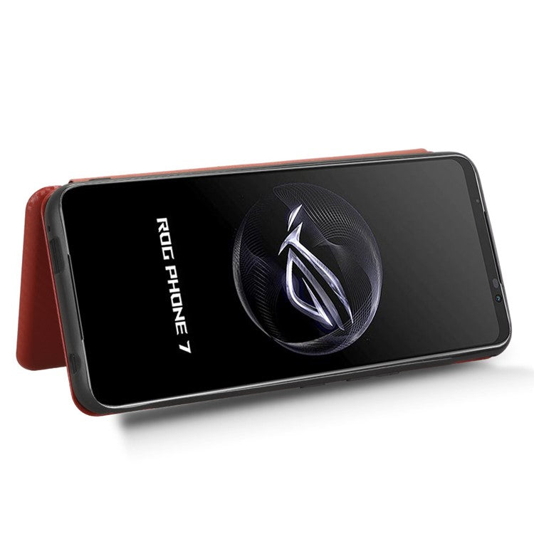 Stand Cover for Asus ROG Phone 7 5G / 7 Ultimate 5G Carbon Fiber Texture Card Slot PU Leather Phone Case - Brown
