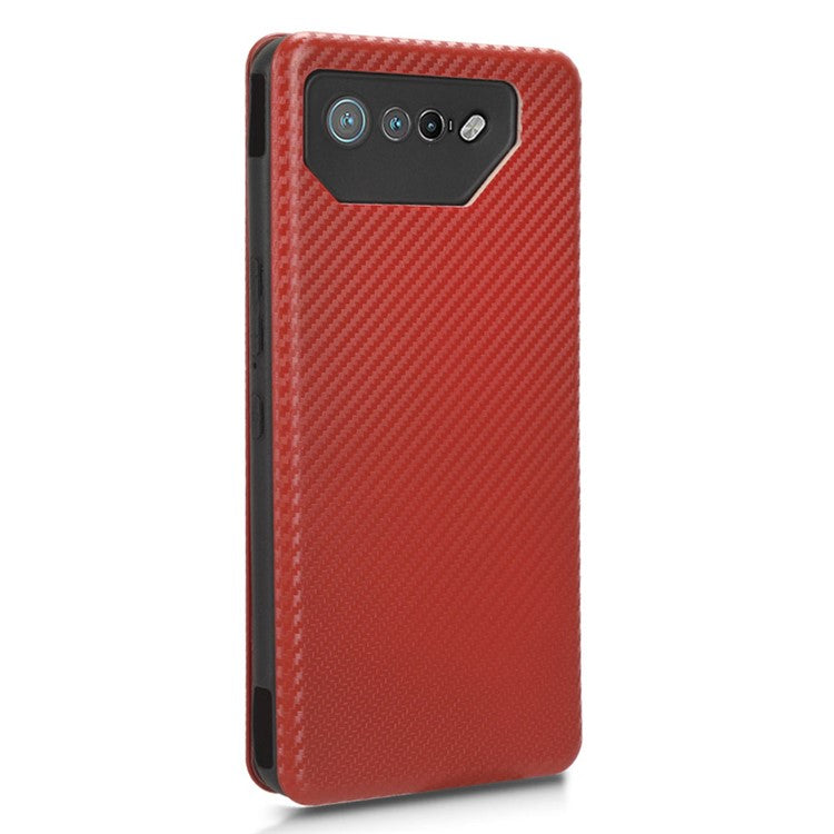 Stand Cover for Asus ROG Phone 7 5G / 7 Ultimate 5G Carbon Fiber Texture Card Slot PU Leather Phone Case - Brown