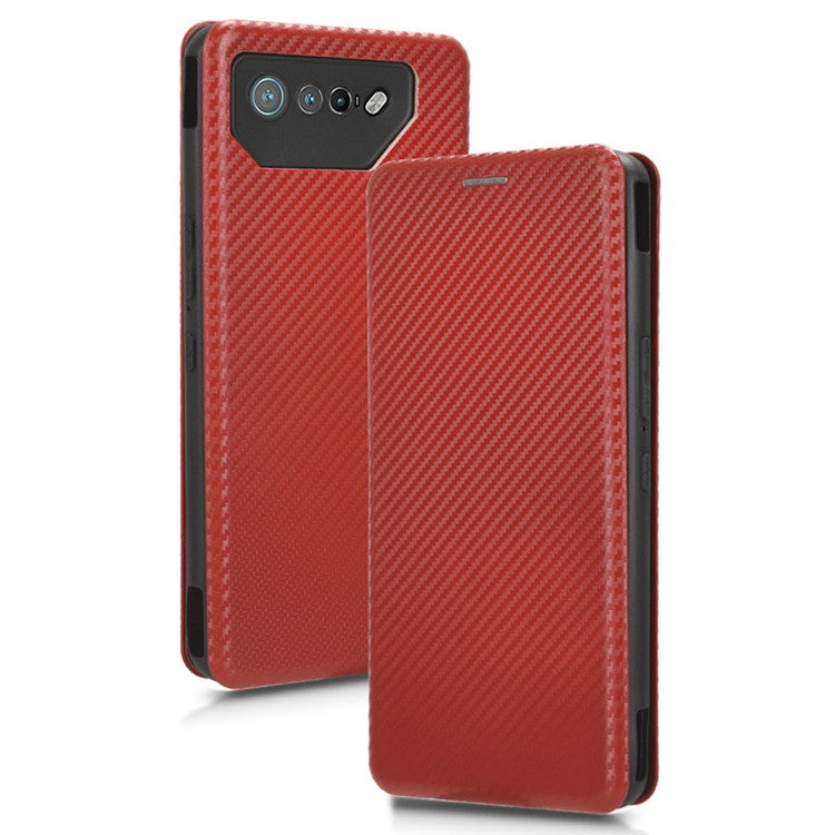 Stand Cover for Asus ROG Phone 7 5G / 7 Ultimate 5G Carbon Fiber Texture Card Slot PU Leather Phone Case - Brown