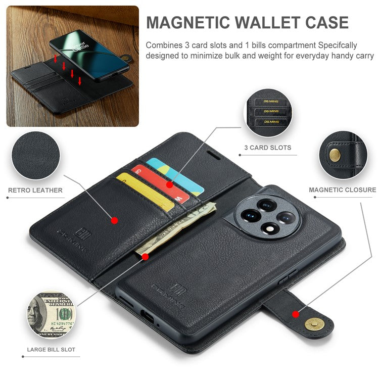 DG.MING For OnePlus 11 5G Detachable Magnetic Anti-drop Case Split Leather Wallet Stand Phone Cover - Black