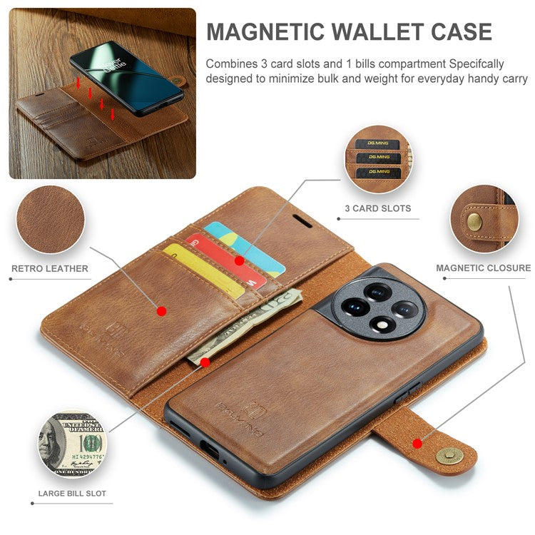 DG.MING For OnePlus 11 5G Detachable Magnetic Anti-drop Case Split Leather Wallet Stand Phone Cover - Brown