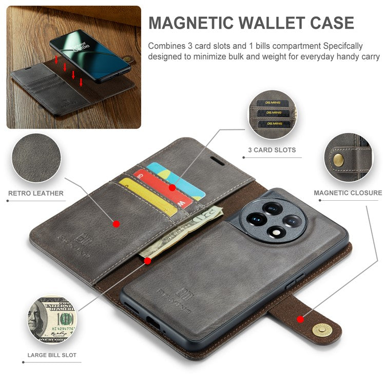 DG.MING For OnePlus 11 5G Detachable Magnetic Anti-drop Case Split Leather Wallet Stand Phone Cover - Grey
