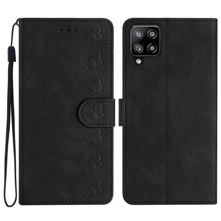 For Samsung Galaxy M32 (Global Version) 4G Butterfly Imprinted Phone Case Leather Wallet Flip Stand Cover - Black