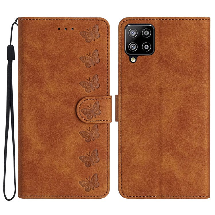 For Samsung Galaxy M32 (Global Version) 4G Butterfly Imprinted Phone Case Leather Wallet Flip Stand Cover - Brown