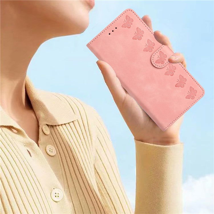 For Samsung Galaxy M32 (Global Version) 4G Butterfly Imprinted Phone Case Leather Wallet Flip Stand Cover - Pink