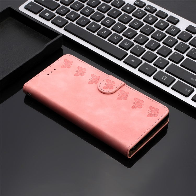 For Samsung Galaxy M32 (Global Version) 4G Butterfly Imprinted Phone Case Leather Wallet Flip Stand Cover - Pink
