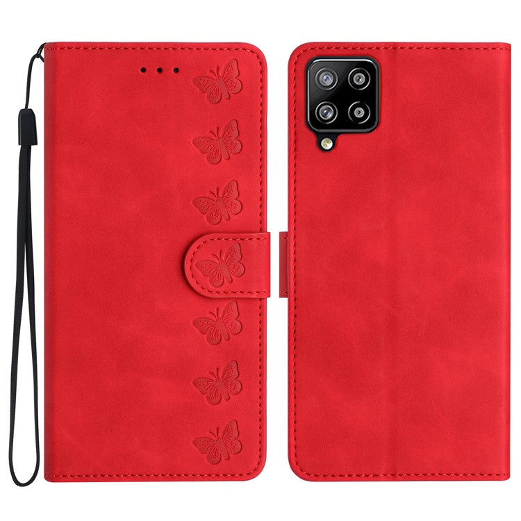 For Samsung Galaxy M32 (Global Version) 4G Butterfly Imprinted Phone Case Leather Wallet Flip Stand Cover - Red